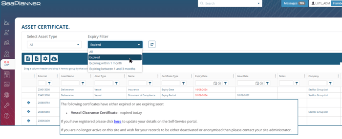 Send automated notifications to transports identifying expiring/expired certificates in SeaPlanner Marine Management System