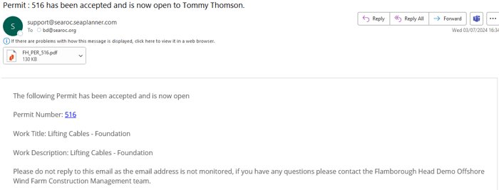 Receive automated notifications from permits in SeaPlanner Safe System of Work (SSoW)