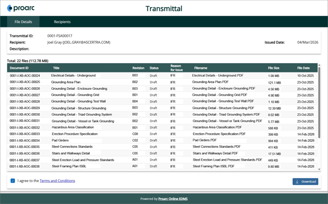 Access secure document revisions via transmittals in Proarc Fileshare Outbound