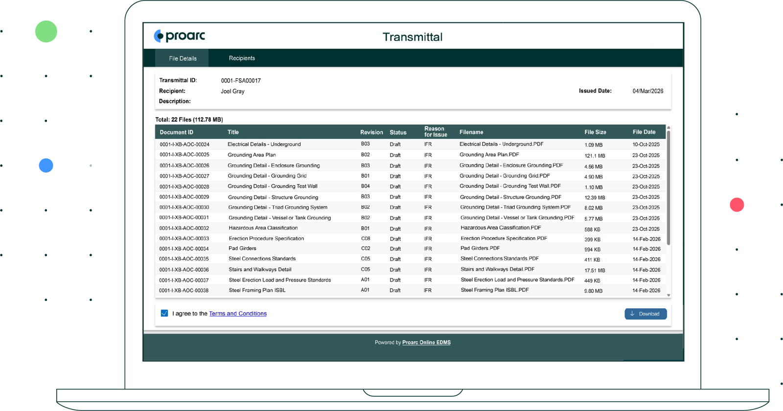 Proarc Fileshare Outbound helps project teams distribute documents and files from official document revisions in Proarc to external recipients in a secure online location