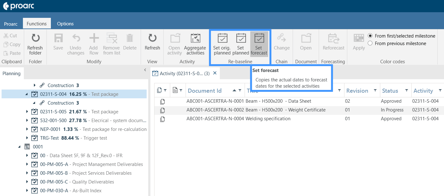 The re-baselining function introduced in Proarc 7.6 helps teams reduce repetitive data entry and streamlines schedule updates within the Proarc Planning add-on.