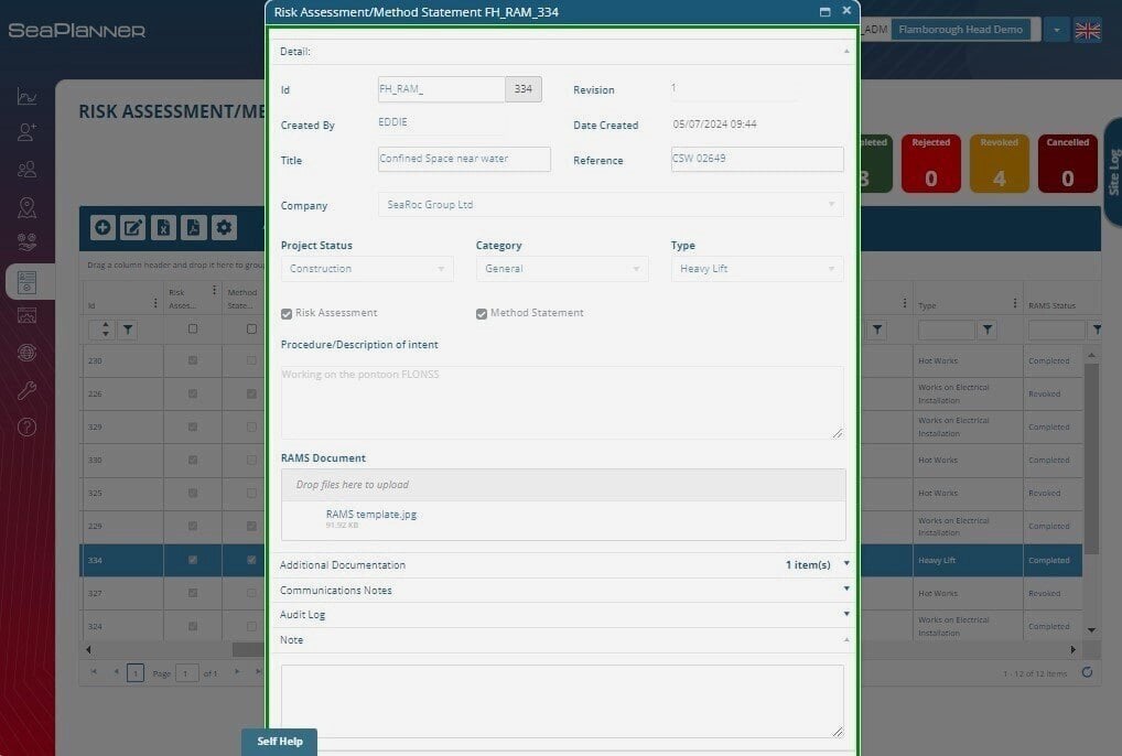 Risk Assessments & Method Statements (RAMS) help ensure a seamless and review process for users in SeaPlanner Safe System of Work