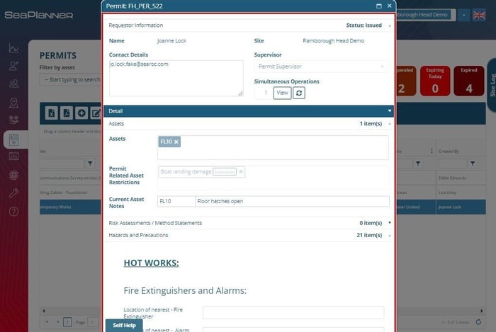 Identify hazards and issues in SeaPlanner Safe System of Work's permits
