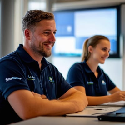 attractive mariner man and attractive female both marine coordinators sat at desks doing the SeaPlanner Online IT Training Academy for offshore wind f-2 (2)